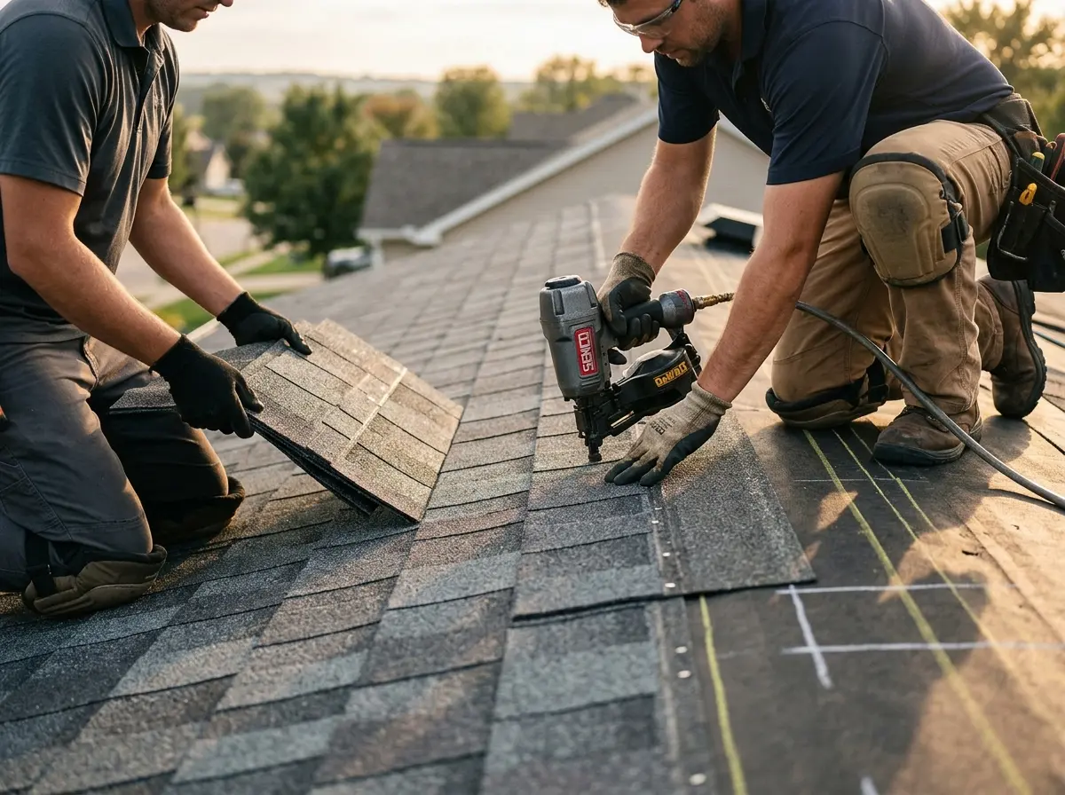 Professional roofer working on a residential roof in Secaucus